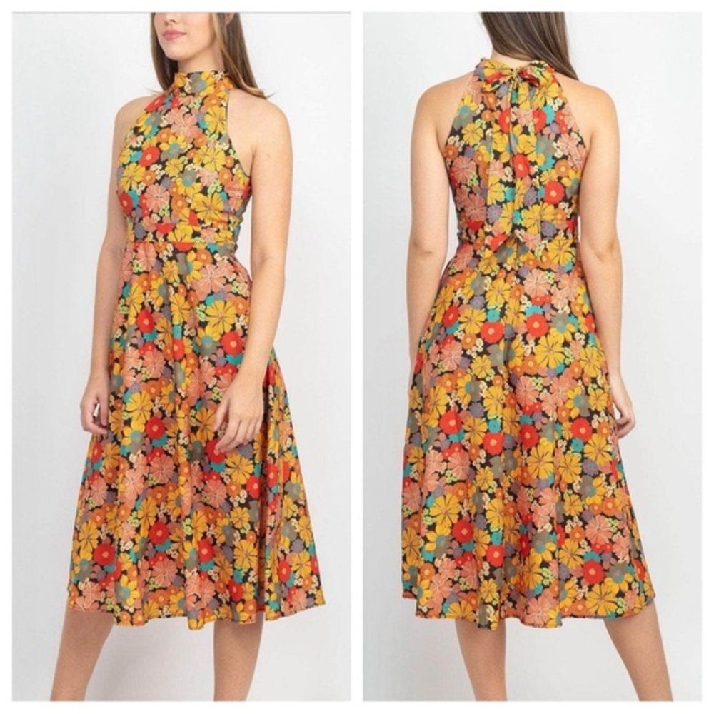 Tahari all-over multicolored floral print A-Line halter neck retro midi Dress 10
